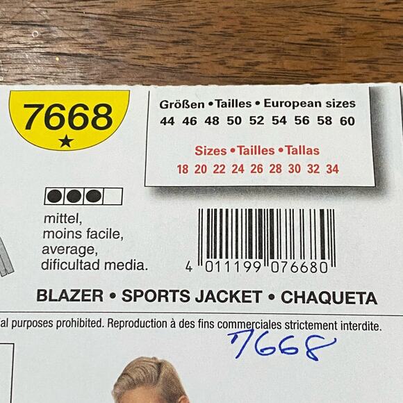 Burda sewing pattern #7668 blazer sports jacket UNCUT plus size US 18-34 - Picture 4 of 6